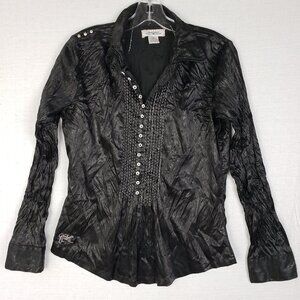 Parasuco Y2K Blouse Top Crinkled Shimmer Metallic size L Stretch Grunge Goth